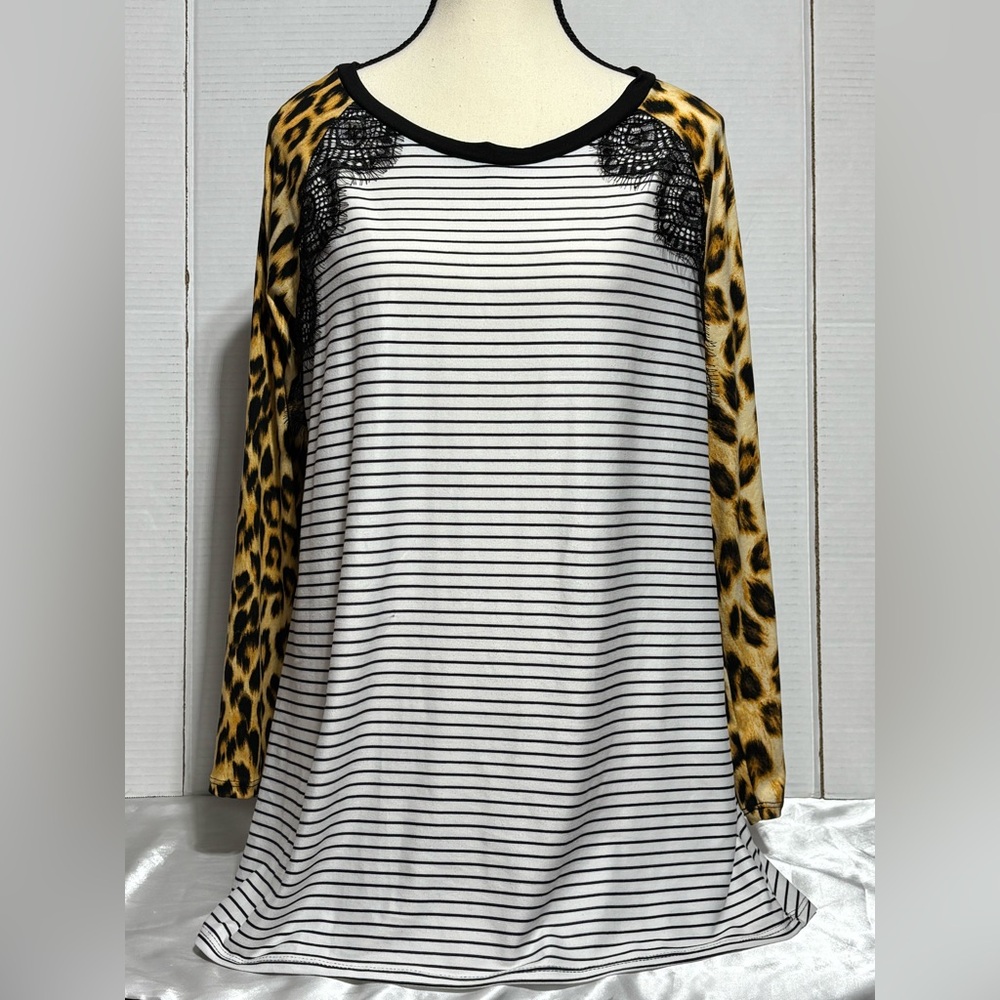 Eldridge 1X long sleeve striped tee, animal, print sleeves and black lace accent